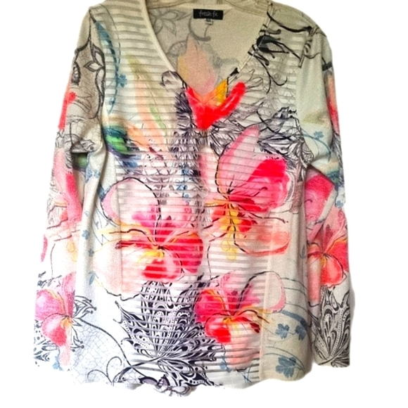 Fresh FX Floral V-Neck Blouse – Sheer Boho Pullover, Size M - Picture 2 of 7